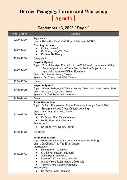 2025/09/13-14（六、日）Forum and Workshop：Border Pedagogy–From Classroom to Homeplace圖片